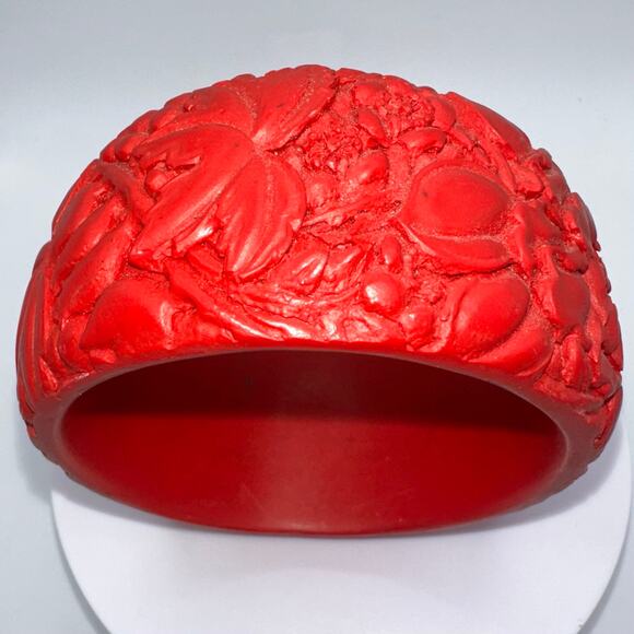 Vintage massive red Cinnabar Chinese carved lacquer floral bangle bracelet - Picture 8 of 10
